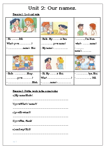 Bài tập ôn tập môn Tiếng Anh Lớp 3 - Unit 2: Our names