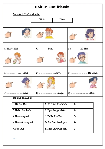 Bài tập ôn tập môn Tiếng Anh Lớp 3 - Unit 3: Our friends