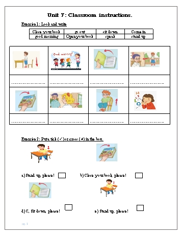 Bài tập ôn tập môn Tiếng Anh Lớp 3 - Unit 7: Classroom instructions