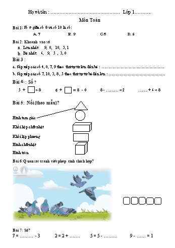 Bài tập ôn tập môn Toán Lớp 1 - Đề 8