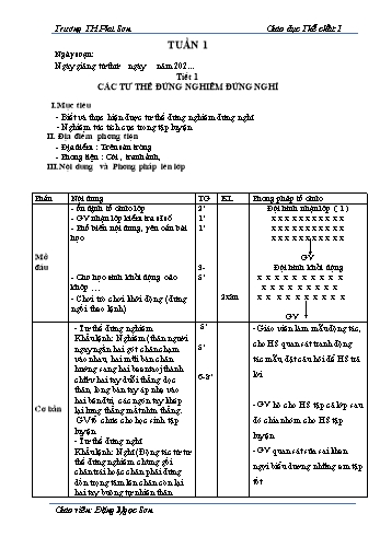 Giáo án Giáo dục thể chất Lớp 1 - Tiết 1: Các tư thế đứng nghiêm đứng nghỉ - Năm học 2021-2022 - Đặng Ngọc Sơn