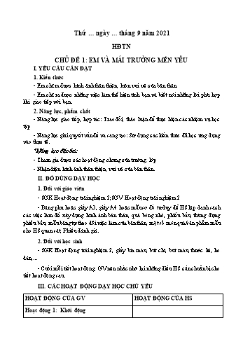 Giáo án Hoạt động trải nghiệm Lớp 2 - Chủ đề 1: Em và mái trường mến yêu - Năm học 2021-2022 - Trường Tiểu học Phú Sơn