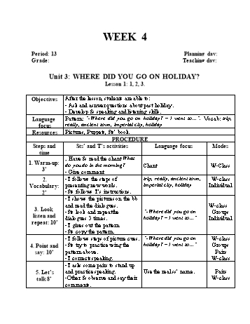 Giáo án Tiếng Anh Lớp 5 - Period 13, Unit 3: Where did you go on holiday?. Lesson 1: 1, 2, 3 - Năm học 2021-2022 - Trường Tiểu học Phú Sơn