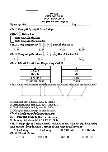 Bài tập ôn tập giữa học kỳ II môn Toán + Tiếng Việt Lớp 4
