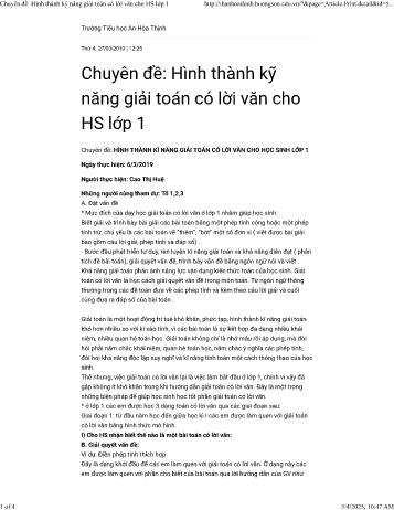 Chuyên đề Hình thành kỹ năng giải toán có lời văn cho Học sinh Lớp 1 - Trường Tiểu học An Hòa Thịnh