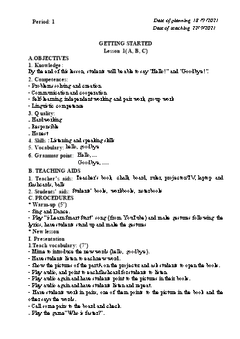 Giáo án Tiếng Anh Lớp 1 - Tuần 1 - Năm học 2020-2021 - Trần Thị Hương