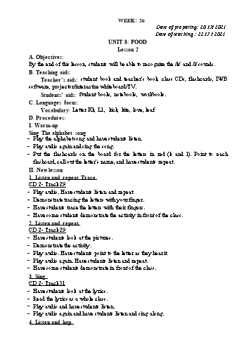 Giáo án Tiếng Anh Lớp 1 - Tuần 26 - Năm học 2020-2021 - Trần Thị Hương