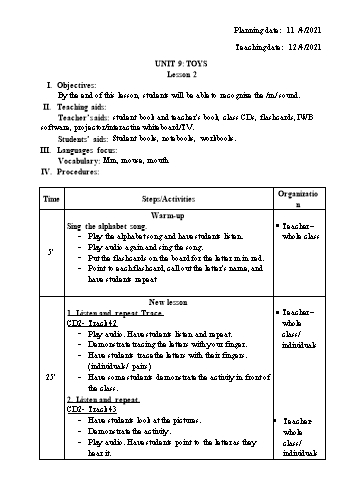 Giáo án Tiếng Anh Lớp 1 - Tuần 29 - Năm học 2020-2021 - Trần Thị Hương