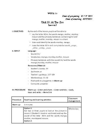 Giáo án Tiếng Anh Lớp 2 - Tuần 21. Unit 10: At The Zoo - Năm học 2020-2021 - Cao Văn Hùng