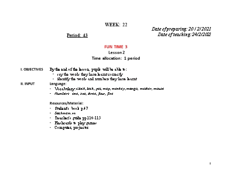 Giáo án Tiếng Anh Lớp 2 - Tuần 22 - Năm học 2020-2021 - Cao Văn Hùng