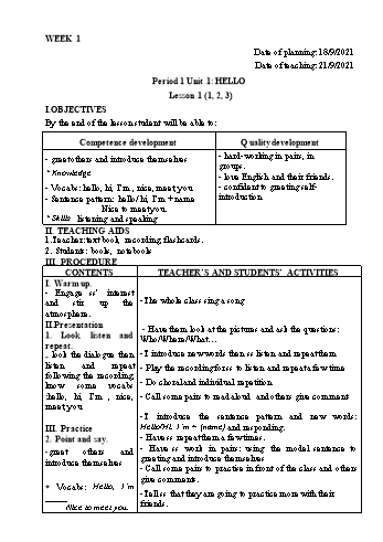 Giáo án Tiếng Anh Lớp 3 - Tuần 21. Unit 1: Hello - Năm học 2021-2022 - Cao Văn Hùng