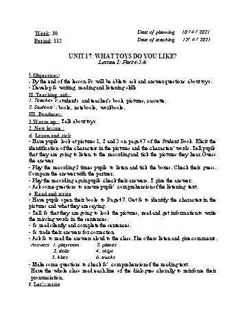 Giáo ansn Tiếng Anh Lớp 3 - Tuần 30. Unit 17: What toys do you like - Năm học 2020-2021 - Cao Văn Hùng