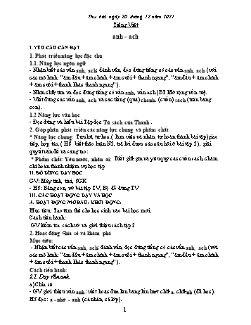Kế hoạch bài dạy các môn Lớp 1 - Tuần 15 - Năm học 2021-2022 - Trần Thị Thanh Hoa