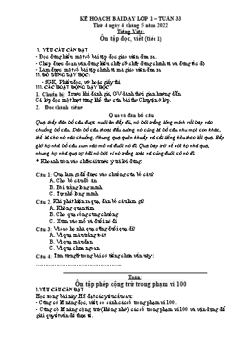 Kế hoạch bài dạy các môn Lớp 1 - Tuần 33 - Năm học 2021-2022 - Trần Thị Thanh Hoa