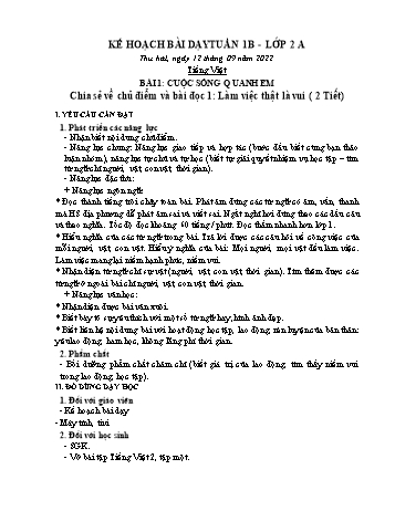 Kế hoạch bài dạy các môn Lớp 2 - Tuần 1 (Tiếp theo) - Năm học 2022-2023 - Lương Thị Lý