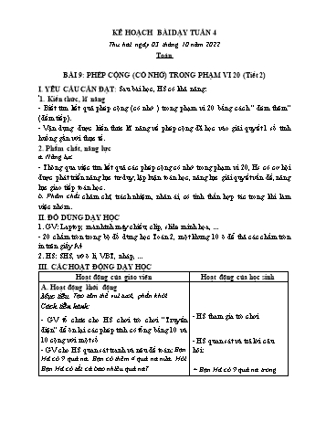 Kế hoạch bài dạy các môn Lớp 2 - Tuần 4 - Năm học 2022-2023 - Lương Thị Lý