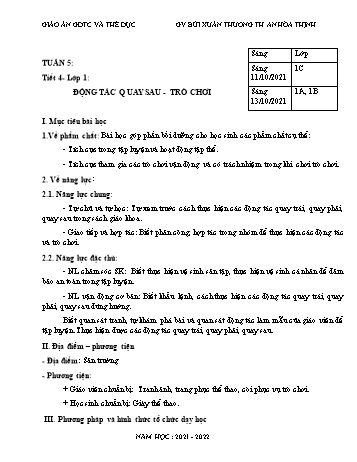 Kế hoạch bài dạy Giáo dục thể chất Lớp 1, 2, 4, 5 - Tuần 5 - Năm học 2021-2022 - Bùi Xuân Thương Kế hoạch bài dạy Giáo dục thể chất Lớp 1, 2, 4, 5 - Tuần 5 - Năm học 2021-2022 - Bùi Xuân Thương