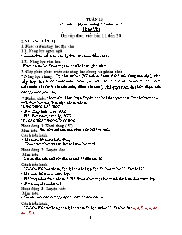 Kế hoạch bài dạy Khối 1 - Tuần 13 - Năm học 2021-2022 - Trần Thị Minh Huế
