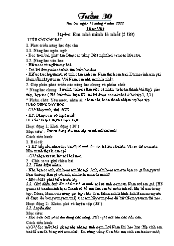 Kế hoạch bài dạy Khối 1 - Tuần 30 - Năm học 2021-2022 - Trần Thị Minh Huế