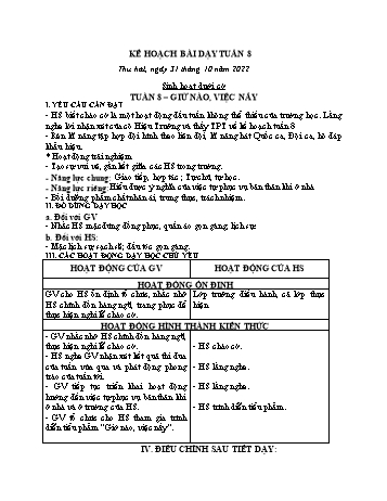 Kế hoạch bài dạy Khối 2 - Tuần 8 - Năm học 2022-2023 - Cao Thị Huệ