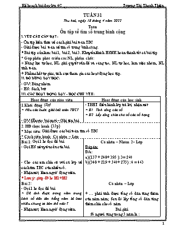 Kế hoạch bài dạy Khối 4 - Tuần 31 - Năm học 2021-2022 - Trương Thị Thanh Thiện