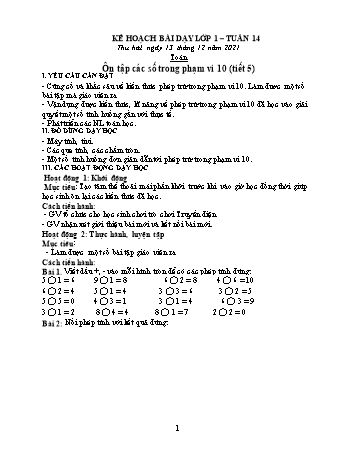 Kế hoạch bài dạy Lớp 1 - Tuần 14 - Năm học 2021-2022 - Lương Thị Lý
