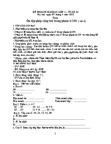 Kế hoạch bài dạy Lớp 1 - Tuần 34 - Năm học 2021-2022 - Lương Thị Lý