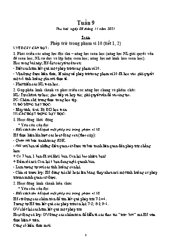 Kế hoạch bài dạy Lớp 1 - Tuần 9 - Năm học 2021-2022 - Lương Thị Lý