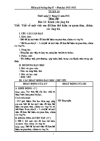 Kế hoạch bài dạy Lớp 2 - Tuần 10 - Năm học 2021-2022 - Trần Thị Thúy Thành