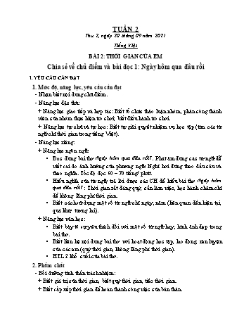 Kế hoạch bài dạy Lớp 2 - Tuần 2 - Năm học 2021-2022 - Trần Thị Hằng