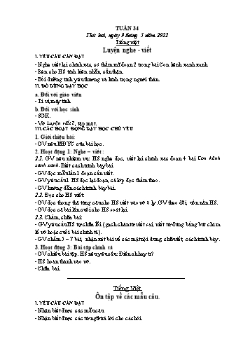 Kế hoạch bài dạy Lớp 2 - Tuần 34 - Năm học 2021-2022 - Trần Thị Hằng