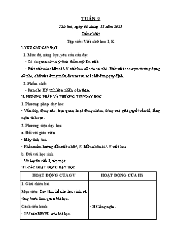 Kế hoạch bài dạy Lớp 2 - Tuần 9 - Năm học 2021-2022 - Trần Thị Hằng