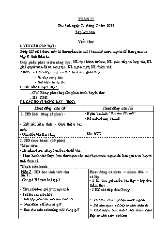 Kế hoạch bài dạy Lớp 3 - Tuần 27 - Năm học 2021-2022 - Nguyễn Thị Lệ Hằng