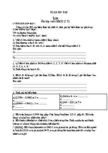 Kế hoạch bài dạy Lớp 3 - Tuần Ôn tập - Năm học 2021-2022 - Nguyễn Thị Lệ Hằng Kế hoạch bài dạy Lớp 3 - Tuần Ôn tập - Năm học 2021-2022 - Nguyễn Thị Lệ Hằng