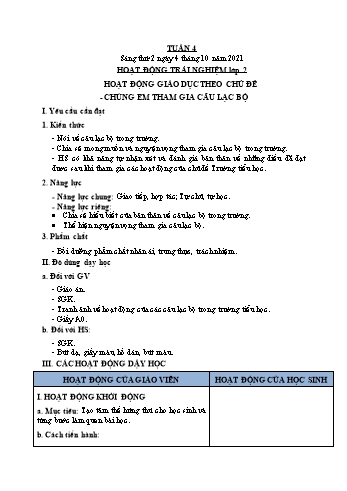 Kế hoạch bài dạy Mĩ Thuật & Hoạt động trải nghiệm Lớp 1 + 2 + 4 - Tuần 4 - Năm học 2020-2021 - Trịnh Thị Tố Như