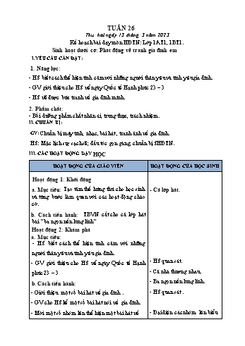 Kế hoạch bài dạy Mĩ Thuật & Hoạt động trải nghiệm Lớp 1, 3, 4 - Tuần 26 - Năm học 2022-2023 - Hồ Thị Thu Hiền