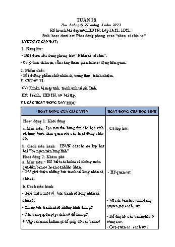 Kế hoạch bài dạy Mĩ Thuật & Hoạt động trải nghiệm Lớp 1, 3, 4 - Tuần 28 - Năm học 2022-2023 - Hồ Thị Thu Hiền
