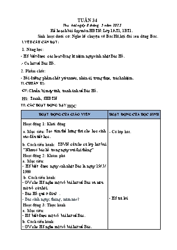 Kế hoạch bài dạy Mĩ Thuật & Hoạt động trải nghiệm Lớp 1, 3, 4 - Tuần 34 - Năm học 2022-2023 - Hồ Thị Thu Hiền