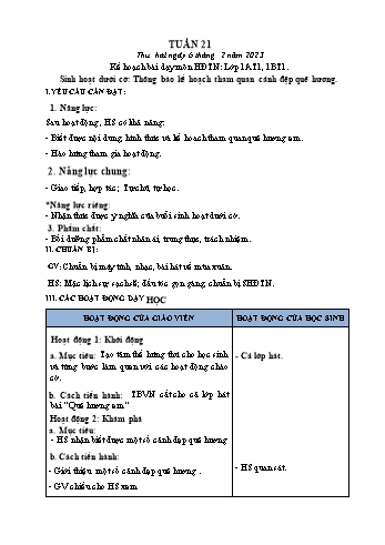Kế hoạch bài dạy Mĩ Thuật & Hoạt động trải nghiệm Lớp 1, 3, 4 - Tuần 21 - Năm học 2022-2023 - Hồ Thị Thu Hiền