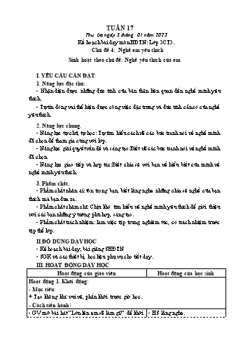 Kế hoạch bài dạy Mĩ Thuật & Hoạt động trải nghiệm Lớp 1, 3, 4 - Tuần 17 - Năm học 2022-2023 - Hồ Thị Thu Hiền