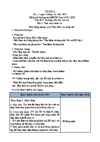 Kế hoạch bài dạy Mĩ Thuật & Hoạt động trải nghiệm Lớp 1, 3, 4 - Tuần 4 - Năm học 2022-2023 - Hồ Thị Thu Hiền