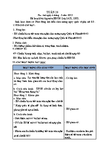 Kế hoạch bài dạy Mĩ Thuật & Hoạt động trải nghiệm Lớp 1, 3, 4 - Tuần 25 - Năm học 2022-2023 - Hồ Thị Thu Hiền