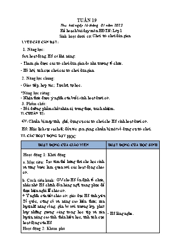 Kế hoạch bài dạy Mĩ Thuật & Hoạt động trải nghiệm Lớp 1, 3, 4 - Tuần 19 - Năm học 2022-2023 - Hồ Thị Thu Hiền