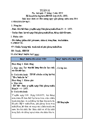 Kế hoạch bài dạy Mĩ Thuật & Hoạt động trải nghiệm Lớp 1, 3, 4 - Tuần 31 - Năm học 2022-2023 - Hồ Thị Thu Hiền