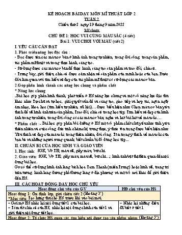 Kế hoạch bài dạy Mĩ Thuật & Hoạt động trải nghiệm Lớp 1 đến 5 - Tuần 2 - Năm học 2022-2023