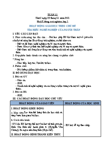 Kế hoạch bài dạy Mĩ Thuật & Hoạt động trải nghiệm Lớp 1 đến Lớp 5 - Tuần 12 - Năm học 2020-2021 - Trịnh Thị Tố Như