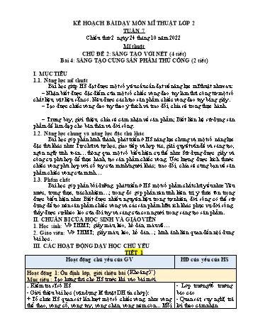 Kế hoạch bài dạy Mĩ Thuật & Hoạt động trải nghiệm Lớp 1 đến Lớp 5 - Tuần 7 - Năm học 2022-2023