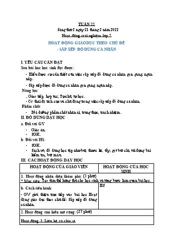 Kế hoạch bài dạy Mĩ Thuật & Hoạt động trải nghiệm Lớp 1 đến Lớp 4 - Tuần 22 - Năm học 2020-2021 - Trịnh Thị Tố Như