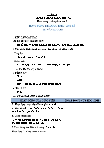 Kế hoạch bài dạy Mĩ Thuật & Hoạt động trải nghiệm Lớp 1 đến Lớp 5 - Tuần 23 - Năm học 2020-2021 - Trịnh Thị Tố Như
