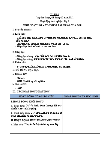 Kế hoạch bài dạy Mĩ Thuật & Hoạt động trải nghiệm Lớp 2 + 3 + 5 - Tuần 5 - Năm học 2020-2021 - Trịnh Thị Tố Như